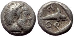 Greek Mysia, Pordosilene, AR Hemiobol. (Silver, 0.50 g 7 mm), Circa 400 BC. Mysia, Pordosilene, AR Hemiobol. (Silver, 0.50 g 7 mm), Circa 400 BC. Obv: Bearded head of Silenos right. Rev: Π / ΟΡ, Dolph