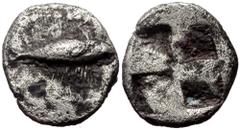 Greek Mysia, Kyzikos, AR Hemiobol, (Silver, 0.61 g 9 mm),Circa 520-480 BC. Mysia, Kyzikos, AR Hemiobol, (Silver, 0.61 g 9 mm),Circa 520-480 BC. Obv: Tunny fish swimming right. Rev: Quadripartite incus