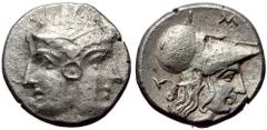 Greek Mysia, Lampsakos, AR Diobol. (Silver, 1.23 g 10 mm), 4th-3rd centuries BC. Mysia, Lampsakos, AR Diobol. (Silver, 1.23 g 10 mm), 4th-3rd centuries BC. Obv: Janiform female head. Rev: ΛΑΜΨ, Helmet