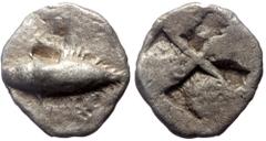 Greek Mysia, Kyzikos, AR Hemiobol, (Silver, 0.60 g 8 mm), Circa 520-480 BC. Mysia, Kyzikos, AR Hemiobol, (Silver, 0.60 g 8 mm), Circa 520-480 BC. Obv: Tunny fish swimming left. Rev: Quadripartite incu