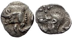 Greek Mysia, Kyzikos, AR Hemiobol, (Silver, 0.38 g 10 mm), Circa 450-400 BC. Mysia, Kyzikos, AR Hemiobol, (Silver, 0.38 g 10 mm), Circa 450-400 BC. Obv: Forepart of boar left; to right, tunny upward. 