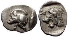Greek Mysia, Kyzikos, AR Hemiobol, (Silver, 0.35 g 10 mm), Circa 450-400 BC. Mysia, Kyzikos, AR Hemiobol, (Silver, 0.35 g 10 mm), Circa 450-400 BC. Obv: Forepart of boar left; to right, tunny upward. 