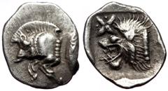 Greek Mysia, Kyzikos, AR Hemiobol, (Silver, 0.42 g 10 mm), Circa 450-400 BC. Mysia, Kyzikos, AR Hemiobol, (Silver, 0.42 g 10 mm), Circa 450-400 BC. Obv: Forepart of boar left; to right, tunny upward. 