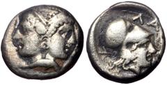 Greek Mysia, Lampsakos, AR Diobol, (Silver, 1.21 g 11 mm), 4th-3rd centuries BC. Mysia, Lampsakos, AR Diobol, (Silver, 1.21 g 11 mm), 4th-3rd centuries BC. Obv: Janiform female head, dolphin to left o