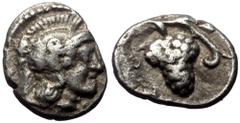 Greek Cilicia, Soloi, AR Hemiobol, (Silver, 0.65 g 9 mm), Circa 410-375 BC. Cilicia, Soloi, AR Hemiobol, (Silver, 0.65 g 9 mm), Circa 410-375 BC. Obv: Helmeted head of Athena to right. Rev: [Σ]Ο, Grap