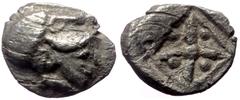 Greek Asia minor, Uncertain mint. AR Hemiobol, (Silver,0.38 g 8 mm), 5th century BC. Asia minor, Uncertain mint. AR Hemiobol, (Silver,0.38 g 8 mm), 5th century BC. Obv:Helmeted head of Athena right Re