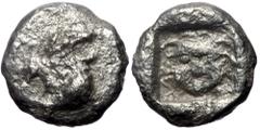 Greek Asia Minor, Uncertain, AR Hemidrachm, (Silver,1.66 g 10 mm), 5th century BC. Asia Minor, Uncertain, AR Hemidrachm, (Silver,1.66 g 10 mm), 5th century BC. Obv: Elements of Chimaera: foreparts of 