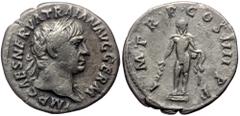 Roman Imperial Trajan (98-117). AR, Denarius. (Silver, 2.85 g. 19 mm.) Rome. Trajan (98-117). AR, Denarius. (Silver, 2.85 g. 19 mm.) Rome. Obv: IMP CAES NERVA TRAIAN AVG GERM. Head of Trajan, laureate