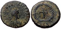 Roman Imperial Theodosius II, AE, Nummus. (Bronze, 1.45 g. 13 mm.) Cyzicus. 402-450 AD. Theodosius II, AE, Nummus. (Bronze, 1.45 g. 13 mm.) Cyzicus. 402-450 AD. Obv: [D N TH]EODOSIV[S P F AVG], Bust o