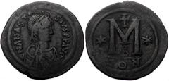 Byzantine Anastasius I. AE, Follis. (Bronze, 17.92 g, 38 mm.) Constantinople. 491-518 AD. Anastasius I. AE, Follis. (Bronze, 17.92 g, 38 mm.) Constantinople. 491-518 AD. Obv: DN ANASTASIVS P P AVG, pe