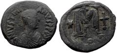 Byzantine Justinian I. AE, Follis (Bronze, 15.97 g. 35 mm.) Constantinople. 527-565 AD. Justinian I. AE, Follis (Bronze, 15.97 g. 35 mm.) Constantinople. 527-565 AD. Obv: DN IVSTINIANVS PP [AVG], pear