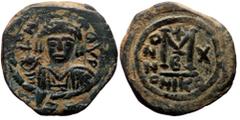 Byzantine Maurice Tiberius (?), AE, Follis (Bronze, 11.91 g. 28 mm.) Nicomedia. 582-602 AD. Maurice Tiberius (?), AE, Follis (Bronze, 11.91 g. 28 mm.) Nicomedia. 582-602 AD. Obv: D N [mAV[RIC TIbER P 