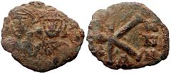 Byzantine Constantine V Copronymus and Leo IV, AE, Half Follis (Bronze, 1.08 g. 11 mm.) Constantinople. 741-775 AD. Constantine V Copronymus and Leo IV, AE, Half Follis (Bronze, 1.08 g. 11 mm.) Consta