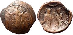 Byzantine Alexius and John Comnenus Asen (?), Trachy (Bronze, 2.02 g. 19 mm.) Possibly Thracian coast. 1300-1399 AD. Alexius and John Comnenus Asen (?), Trachy (Bronze, 2.02 g. 19 mm.) Possibly Thraci