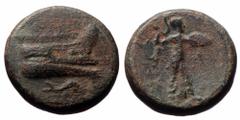 Greek Lycia, Phaselis. Ae,(Bronze, 5.48 g 17mm), Circa 190-167 BC. Obv: Prow right; above, crowning Nike flying right. Rev: [ΦA].Athena advancing right, brandishing spear and holding shield. Ref: Heip