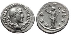 Roman Imperial Maximinus Thrax (235-238). AR, Denarius. (Silver, 2.90 g. 20 mm.) Rome. Obv: IMP MAXIMINVS PIVS AVG. Bust of Maximinus I, laureate, draped, cuirassed, right. Rev: PAX AVGVSTI. Pax, drap