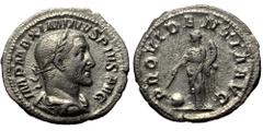 Roman Imperial Maximinus Thrax (235-238). AR, Denarius. (Silver, 3.07 g. 20 mm.) Rome. Obv: IMP MAXIMINVS PIVS AVG. Bust of Maximinus, laureate, draped, cuirassed, right. Rev: PROVIDENTIA AVG. Provide