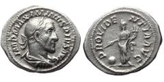 Roman Imperial Maximinus Thrax (235-238). AR, Denarius. (Silver, 3.06 g. 21 mm.) Rome. Obv: IMP MAXIMINVS PIVS AVG. Bust of Maximinus I, laureate, draped, cuirassed, right. Rev: PROVIDENTIA AVG. Provi