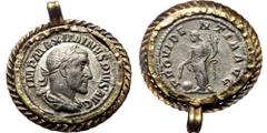 Roman Imperial Maximinus Thrax (235-238) AR Denarius (Silver, 24mm, 3,53g) in a golden pendant frame made in the time of Maximinus Thrax, Rome. Obv: MAXIMINVS PIVS AVG GERM, Laureate, draped and cuira
