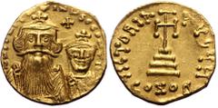 Byzantine Constans II with Constantine IV, AV, Solidus. (Gold, 4.36 g. 20 mm.) Constantinople. 641-668 AD. Obv: δ N CONSTANTINЧS C CONSTAN, Crowned and draped facing busts of Constans and Constantine;