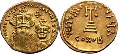 Byzantine Constans II with Constantine IV, AV, Solidus. (Gold, 4.36 g. 20 mm.) Constantinople. 641-668 AD. Obv: δ N CONSTANTINЧS C CONSTAN, Crowned and draped facing busts of Constans and Constantine;