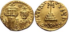 Byzantine Constans II with Constantine IV, AV, Solidus. (Gold, 4.40 g. 20 mm.) Constantinople. 641-668 AD. Obv: δ N CONSTANTINЧS C CONSTAN, Crowned and draped facing busts of Constans and Constantine;