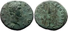 Roman Imperial Restitution issue under Nerva, Octavian as Augustus (27 BC-14 AD) AE As (ca 98) Obv: DIVVS·AVGVSTVS Bare head r. Rev: IMP NERVA CAES AVG REST S – C Thunderbolt upright. Ref: RIC Nerva 1