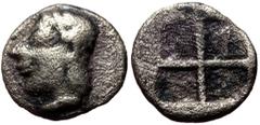 Greek coins Ionia, Kolophon AR Hemiobol (Silver, 0.42g, 9mm) Late 6th century BC. Obv: Archaic male head (of Apollo?) to left Rev: Quadripartite incuse square. Ref: Cf. SNG Kayhan 342 (hemiobol)