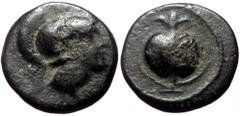 Greek coins Pamphylia, Side (ca 1st Century BC) AE (Bronze, 10mm, 1.16g) Obv: Pomegranate Rev: helmeted head of Athena right Ref: BMC Lycia, pp. 150, no. 59; Laffaille -; SNG Copenhagen 387; SNG von A
