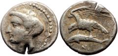 Greek coins *Rare* Paphlagonia, Sinope (ca 410-350 BC) AR Drachm (Silver, 19 mm, 5.91 g). Obv: Head of nymph to left, wearing a pearl earring, pearl necklace and with her hair bound in a sakkos. Rev: 