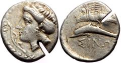 Greek coins Paphlagonia, Sinope (ca 410-350 BC) AR Drachm (Silver, 19mm, 5.76g) Fa magistrate Obv: Head of nymph to left, wearing a pearl earring, pearl necklace and with her hair bound in a sakkos, a