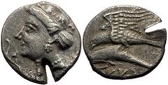 Greek coins Paphlagonia, Sinope (ca 410-350 BC) AR Drachm (Silver, 19mm, 5.63 g) Unknown magistrate Obv: Head of nymph to left, wearing a pearl earring, pearl necklace and with her hair bound in a sak