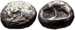 Greek coins Kings of Lydia, Kroisos AR 1/3 Stater (Silver, 3.35g, 13mm) Sardes, ca 561-546 BC. Obv: Confronted foreparts of lion to right and bull to left Rev: Two irregular incuse squares. Ref: GRPC 