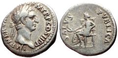 Roman Imperial coins Nerva (96-98) AR Denarius (Silver, 19mm, 3.20g), Rome, 96. Obv: IMP NERVA CAES AVG P M TR P COS II P P, Laureate head of Nerva to right. Rev: SALVS PVBLICA Salus seated left on th