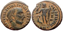 Roman Imperial coins Licinius I (308-324) AE Follis (Bronze, 19mm, 3.60g) Antioch Obv: IMP C VAL LICIN LICINIVS P F AVG, laureate head of Licinius I to right Rev: IOVI CONSERVATORI AVGG, ANT, Jupiter 