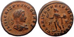 Roman Imperial coins *Scarce* Crispus (Caesar, 316-326) AE Follis (Bronze, 20mm, 2.86g) Treveri, 317 Obv: FL IVL CRISPVS NOB CAES Laureate, draped and cuirassed bust r. Rev: CLARITAS REIPVBLICAE Sol s