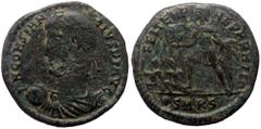 Roman Imperial coins Constantius II (337-361) AE Follis (Bronze, 4.05g, 22mm) Cyzicus. Obv: D N CONSTAN-TIVS P F AVG. Bust of Constantius II, pearl-diademed, draped, cuirassed, l., holding globe in r.