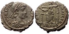 Roman Imperial coins Gratian (367-383.) AE (Silvered bronze, 2.42g, 18mm) Obv: DN GRATIANVS PF AVG, pearl diademed, draped, cuirassed bust right Rev: VIRTVS ROMANORVM, Roma seated facing, looking left