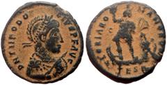 Roman Imperial coins Theodosius I (379-395) AE Follis (Bronze, 5.30g, 22mm) Thessalonica, 383-388. Obv: D N THEODOSIVS P F AVG, pearl-diademed, helmeted, draped, and cuirassed bust right, holding spea