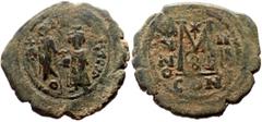 Byzantine coins Heraclius, with Heraclius Constantine (610-641) AE Follis (Bronze, 33mm, 11.87g) Constantinople, Dated RY 4 (613/4). Obv: Heraclius, on left, and Heraclius Constantine, on right, stand