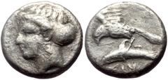 Greek coins Paphlagonia, Sinope AR Drachm (Silver, 5.66g, 17mm) ca 415-350 BC. Obv: Head of Sinope left, wearing sphendone and triple pendent earring Rev: Eagle on dolphin left; ΣΙΝ[Ω] below. Ref: Rec