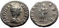Roman Imperial Coins Plautilla (202-205) AR Denarius (Silver, 3.37g, 17mm) Obv: PLAVTILLA AVGVSTA Draped bust of Plautilla to right, her hair in horizontal waves and tied up at the back. Rev: PIETAS A