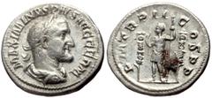 Roman Imperial Coins Maximinus I Thrax (235-238) AR Denarius (Silver, 3.18g, 20mm) Rome. Obv. IMP MAXIMINVS PIVS AVG, Laureate, draped and cuirassed bust right, seen from behind. Rev. FIDES MILITVM, F