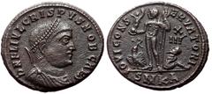 Roman Imperial Coins Crispus (Caesar, 316-326) AE Follis (Bronze, 20mm, 3.19g) Cyzicus Obv: D N FL IVL CRISPVS NOB CAES, laureate draped & cuirassed bust right Rev: IOVI CONSERVATORI, Jupiter standing
