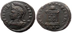 Roman Imperial Coins Crispus (Caesar, 316-326) AE Follis (Bronze, 2.59g, 20mm) Londinium Obv: CRISPVS NOBIL C, Helmeted and cuirassed bust left. Rev: BEATA TRANQVILLITAS / PLON, Altar surmounted by gl