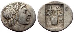 Greek Lycia, Masikytes AR Hemidrachm (Silver, 1.35g, 17mm) ca 48-23 BC Obv. Laureate head of Apollo right. Rev. Lyra; in fields, M-A; to right, A above tripod. Ref: Troxell period IV, pl. 19, 110.1.