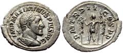 Roman Imperial Maximinus Thrax (235-238) AR Denarius (Silver, 1.60g, 22mm) Rome Obv: IMP MAXIMINVS PIVS AVG; laureate, draped and cuirassed bust right Rev: P M TR P II COS P P; Maximinus in military d