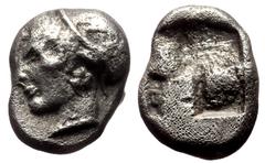 Greek Ionia, Phokaia AR Diobol (Silver, 1.29g, 10mm) ca 521-478 BC AR Diobol. Obv: Archaic female head left, wearing earring and helmet or close fitting cap. Rev: Incuse square. Ref: SNG Copenhagen 38