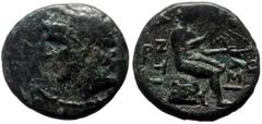 Greek Seleukid Kings of Syria Antiochos I (280-261 BC) AE (Bronze, 17mm 2.60g) Antioch Obv: Diademed head of Antiochos left Rev: B-ASI right, ANTI left, Apollo seated right on omphalos, holding a bow 