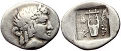 Roman Provincial Lycia, Koinon of Lycia AR Hemidrachm (Silver, 1.65g, 17mm) times of Roman Republic Issue: Series 5 (late 30s/27 BC) Obv: Λ Υ; laureate head of Apollo, right Rev: cithara in incuse squ